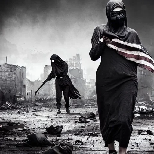 women, faces covered in black masks, ragged clothes, holding flag, war-torn, destroyed city in the background, 8k resolution, hyperrealistic, detailed matte painting, b&w, dynamic lighting, war, anarchy, terrorists