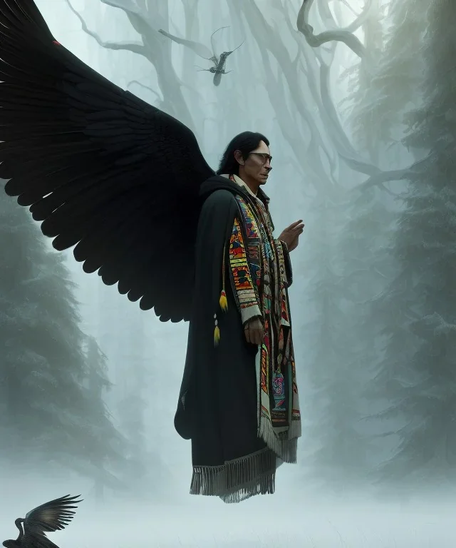 native american shaman, wise man, long black hair, black hooded coat like wings, 8k resolution concept art portrait by Greg Rutkowski