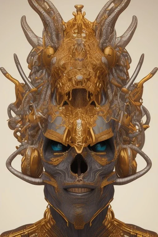 black male African Egyptian alien, cracks in the voodoo head, wicked, eyes, crown, Elephant, 8k, finely detailed, photo realistic, tiger turquoise skull head gold dragon space alien snow skeleton gold fang teeth silver crown silver eyes