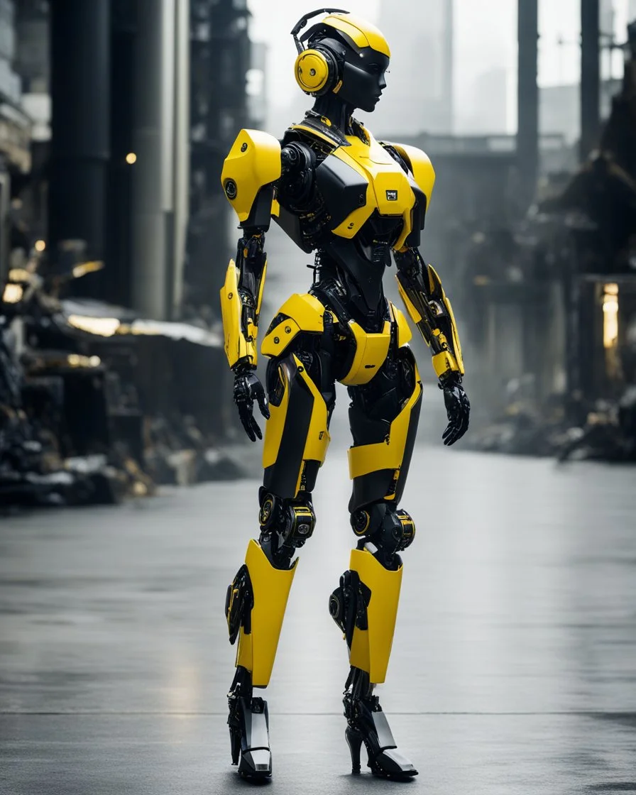 length image full body photo humanoid woman mechanical bLack and yellow inspired design by bumble bee transformer robot sense of luxury technology future