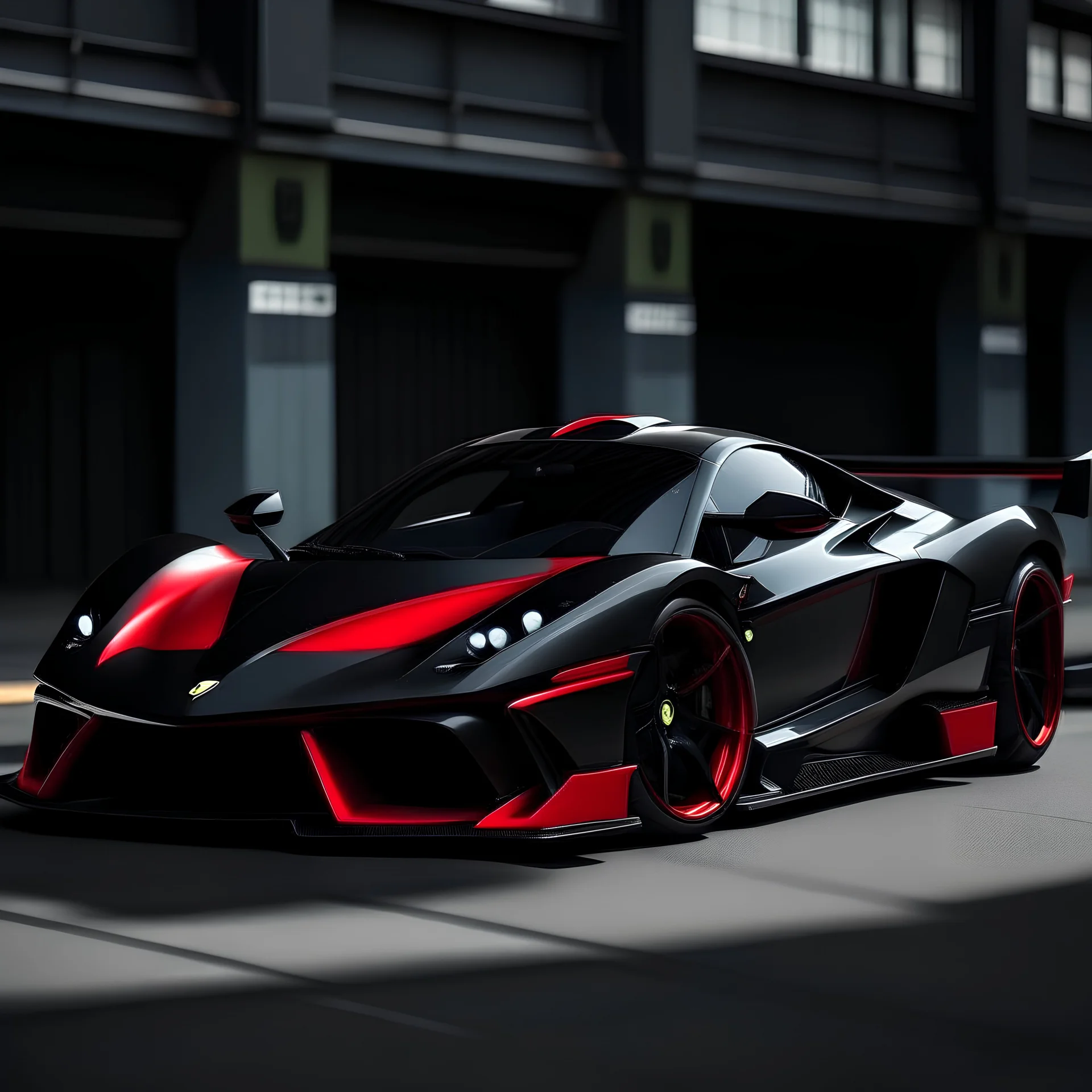black and neon red very modern car that looks similar to the ferrari fxx-k