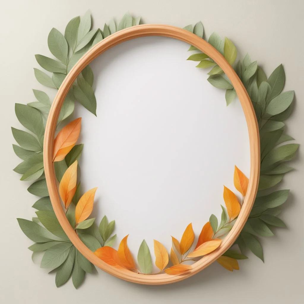 Oval picture frame in the colors mango and light green leaves and some light orange all on a light background