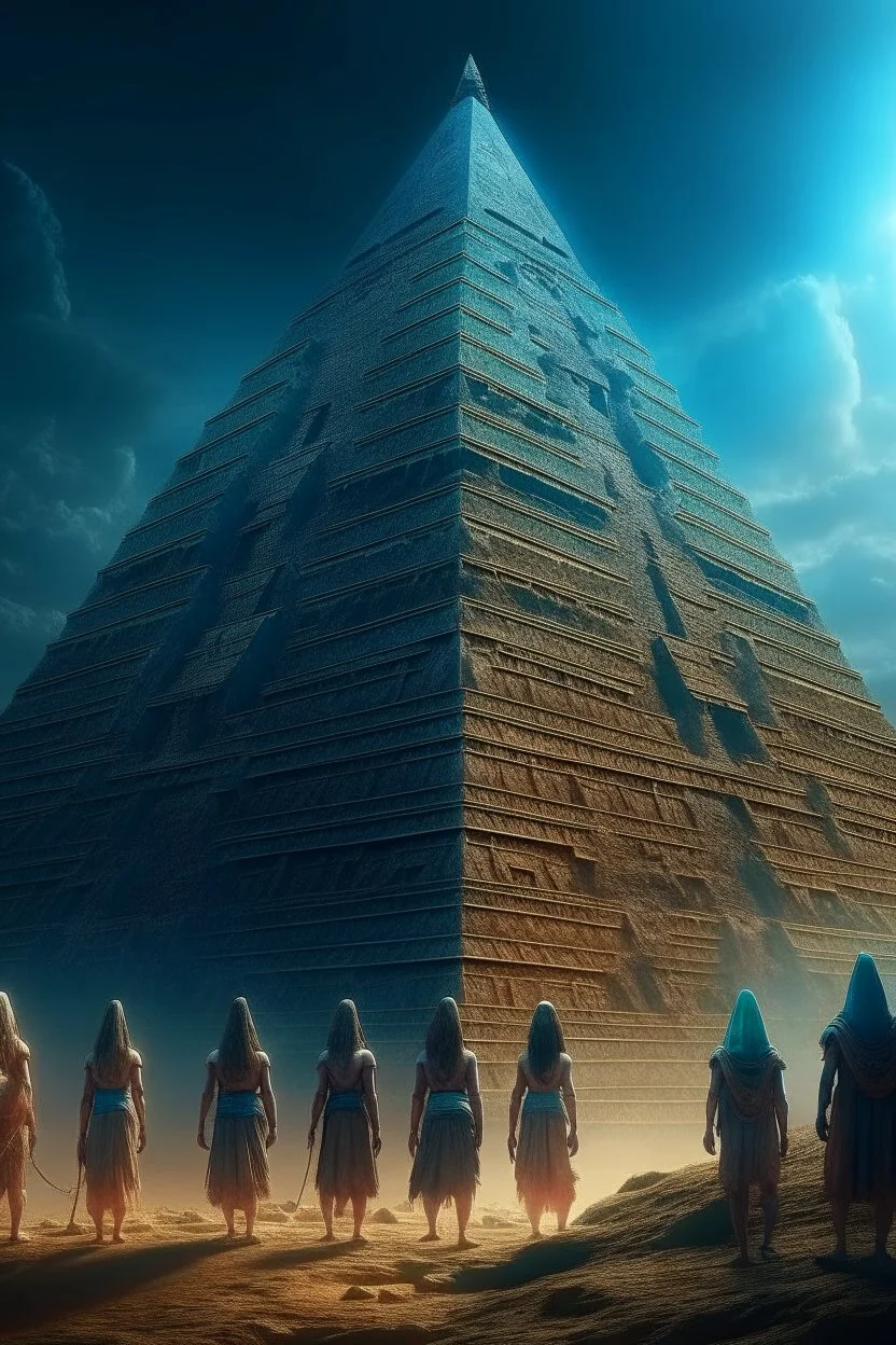 Egyptians with the hair standing straight up in front of pyramid of Babel. 4 k, down light, depth of field, trending art, spray paint, high detail, fantasy art, alien connection, future tech