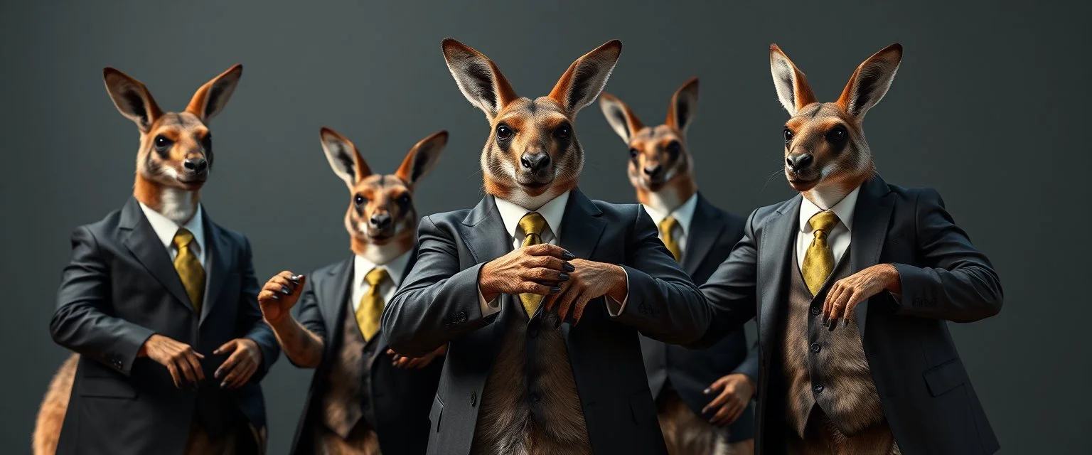 kangaroos spiders in suits shaking hands looking cool