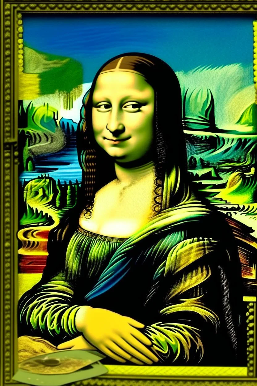 Mona Lisa with piggy press painted by Van Gogh