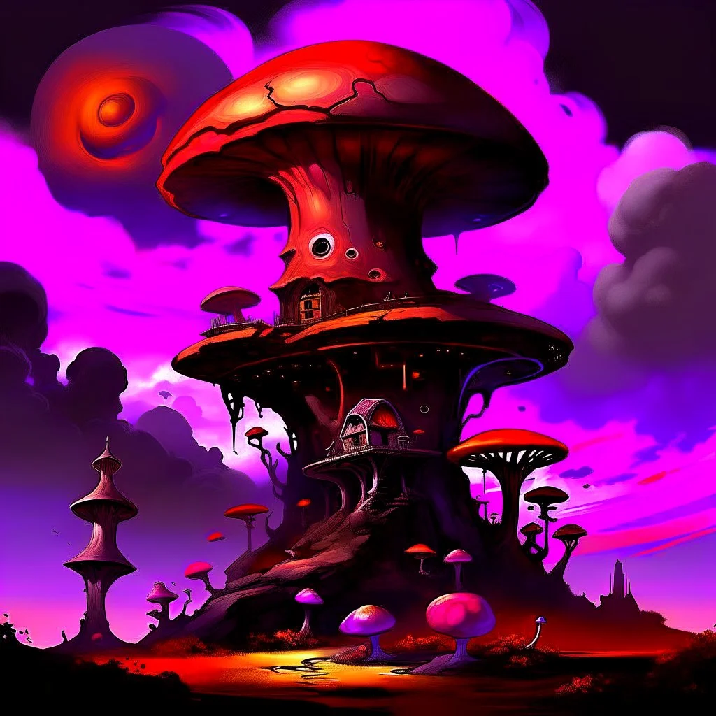 A fantabulous black, magenta and orange (((mushroom tower house))) erected atop a (geologic pillar), surrounded by the uncanny imaginative ((( swirling skies))), offset by the stark hues of a (neon-tinged nebulous space scape), within. captured by the hand a skilled master painter with a focus on (softly blurred compositions and voluminous lighting).