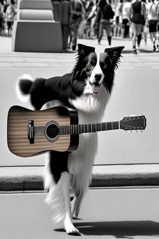 One single mature border collie, playing guitar in the street , Vienna, friendly, sunny day, model style, hyper realistic, extremely accurate, delicate, extremely detailed, Graphic novel style, wide-angle, open aperture, superfine pencil