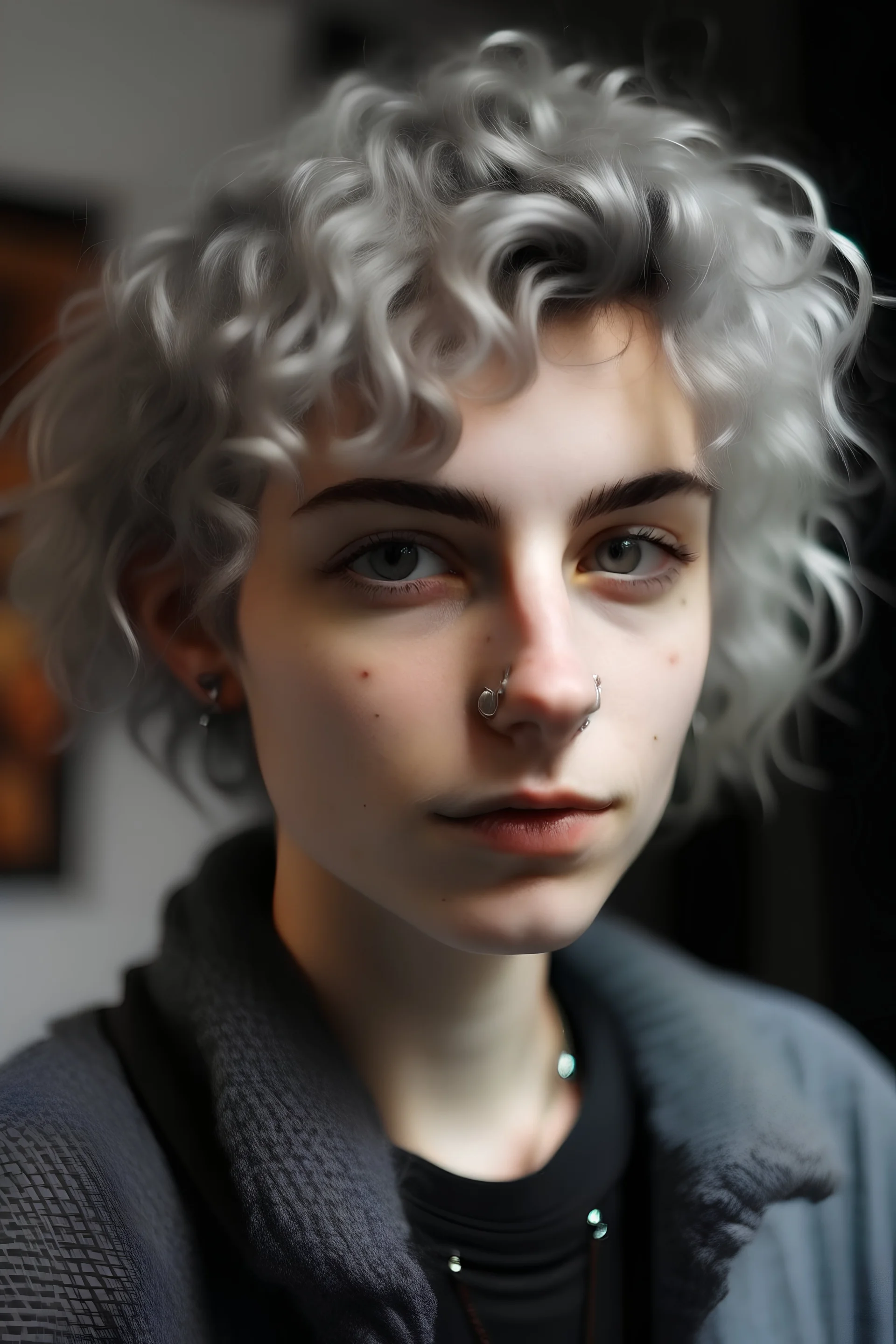 androgynous masc teen with fluffy curly short silver hair and piercings and freckles