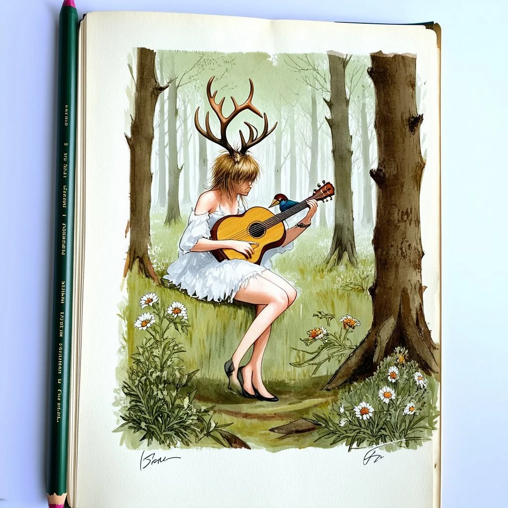 nature ledger book page with an illustration of a Sylvian nymph with dramatic antlers playing a lute in a wooded glade, botanical sketching, perched bird sketching, By Jean Baptiste Monge, artistic fine color pencil illustration on vintage paper, dark green and brown colors, vibrant yet with a faded quality capturing a vintage style with soft sepia tones and subtle vignetting, paper edges slightly worn as if discovered from an antiquated library