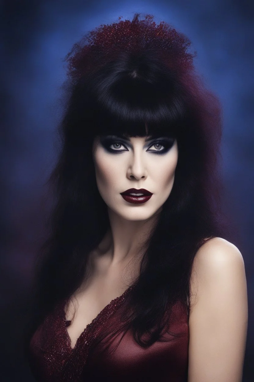 head and shoulders portrait - Elvira, Mistress of the dark, black dress - 32k, UHD, 1080p, 8 x 10, glossy professional quality digital photograph - dark blue and dark red, and light maroon and purple and foggy black gradated background, historic, powerful, octane rendering, exquisite detail, 30 - megapixel, 4k, 85 - mm - lens, sharp - focus, intricately - detailed, long exposure time, f8, ISO 100, shutter - speed 1125, diffuse - back - lighting, ((skin details, high detailed skin texture)),