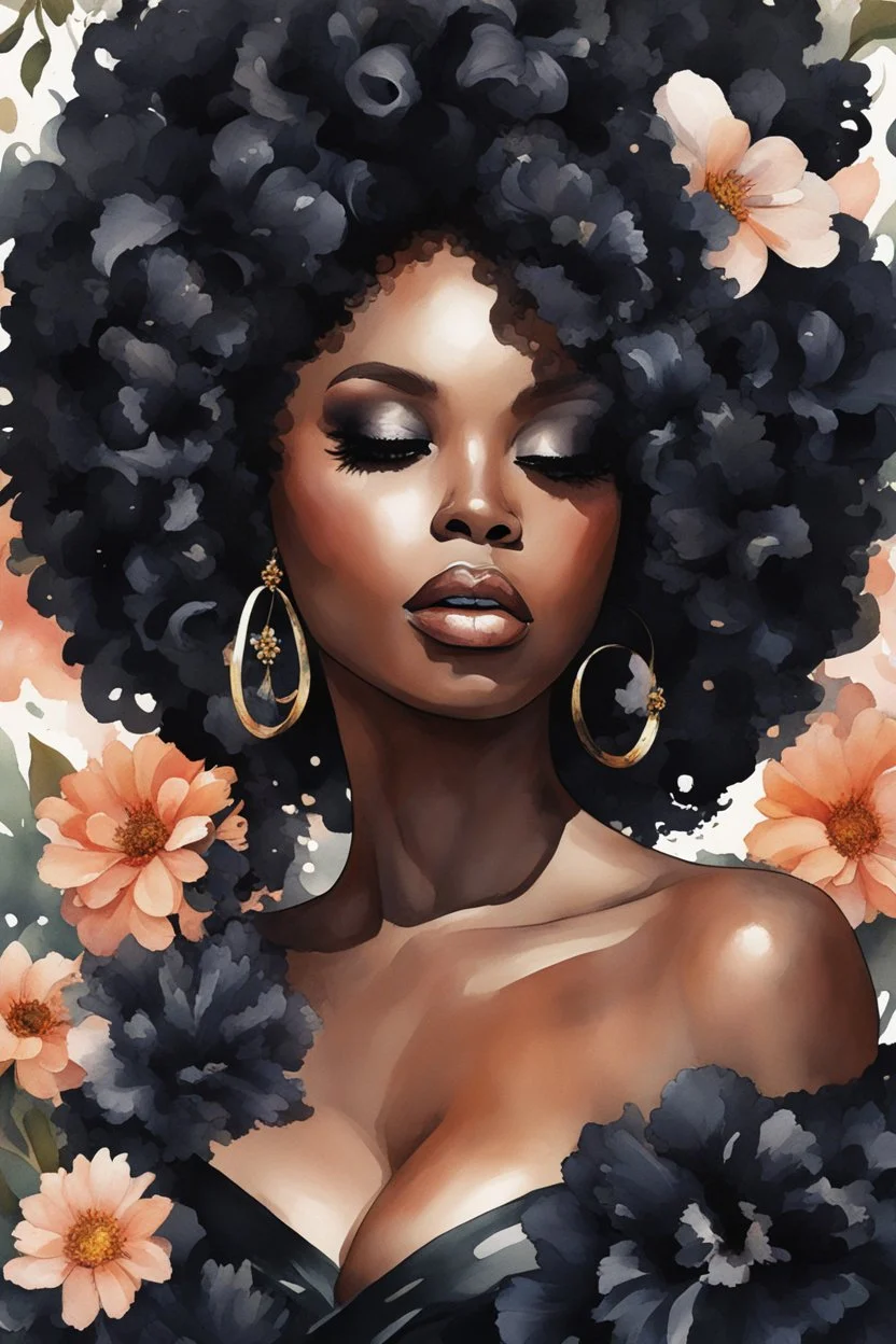 Create an watercolor image of a curvy black female wearing a black off the shoulder blouse and she is looking down with Prominent makeup. Highly detailed tightly curly black afro. Background of large black flowers surrounding her