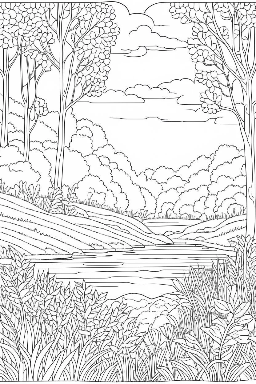 coloring page, nature, relaxing, woodland retreat, full view, realistic, coloring page, only draw lines, coloring book, clean line art, –no sketch, color, –ar 3:4, white background, minimalistic black lines, minimal black color, low level black colors, coloring page, avoid thick black colors, thin black line art, avoid colors, perfect shape, perfect clear lines,