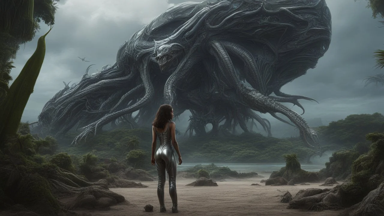 Detailed matte painting of a wide-angle shot of a woman, standing on the right side of an alien beach, with dark hair in a silver robotic catsuit, many large floating creatures with shells and long tentacles, alien jungle trees in the distance