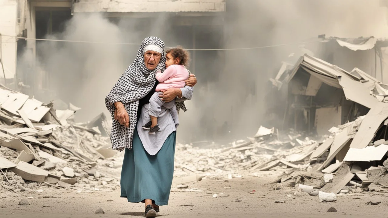 Palestinian old woman wears the keffiyeh , Carrying a small girl ,at summer , Destroyed Buildings , with a Explosions, at night