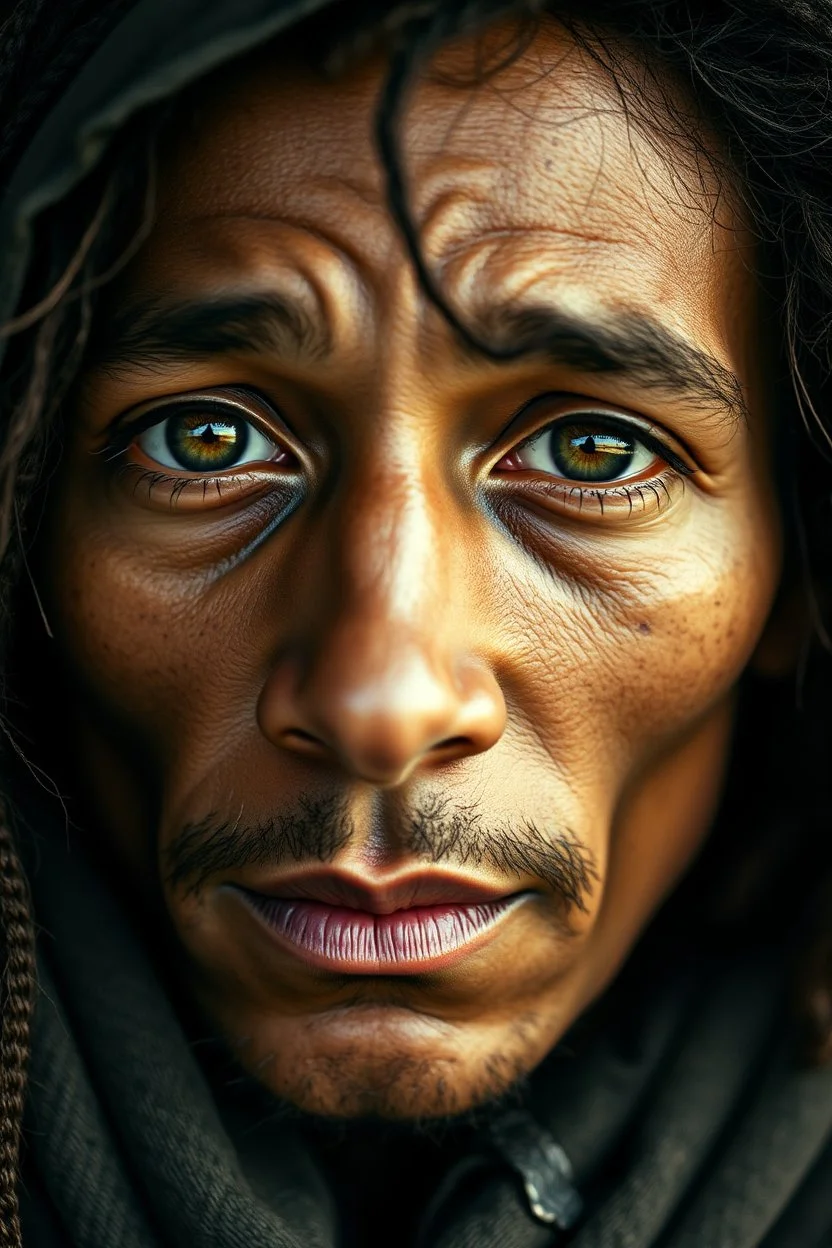 a photorealistic portrait of Bob Marley extremely detailed light hazel eyes, detailed symmetric realistic face, natural skin texture, extremely detailed skin with skin pores, peach fuzz, messy hair, wearing shawl over her head, masterpiece, absurdres, award winning photo by lee jeffries, nikon d850 film stock photograph, kodak portra 400 camera f1.6 lens, extremely detailed, amazing, fine detail, rich colors, hyper realistic lifelike texture, dramatic