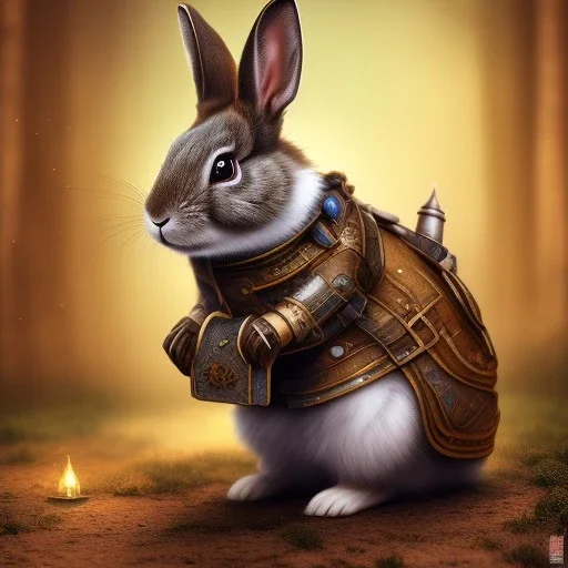 steampunk rabbit, extremely detailed, UHD, 8k,The close-up camera effect,sharp focus,perfect, background forest,position,hyperphotorealistic