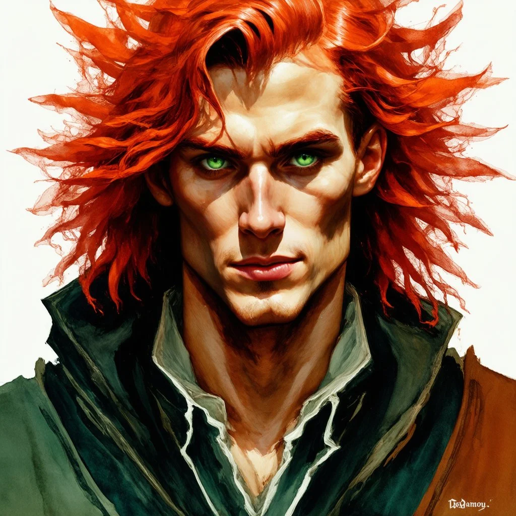 dnd, fantasy, watercolour, stylistic, portrait, illustration, dull colours, male, face, narrow face, green eyes, determined, happy, red hair, very long hair, radiating light, five o'clock shadow