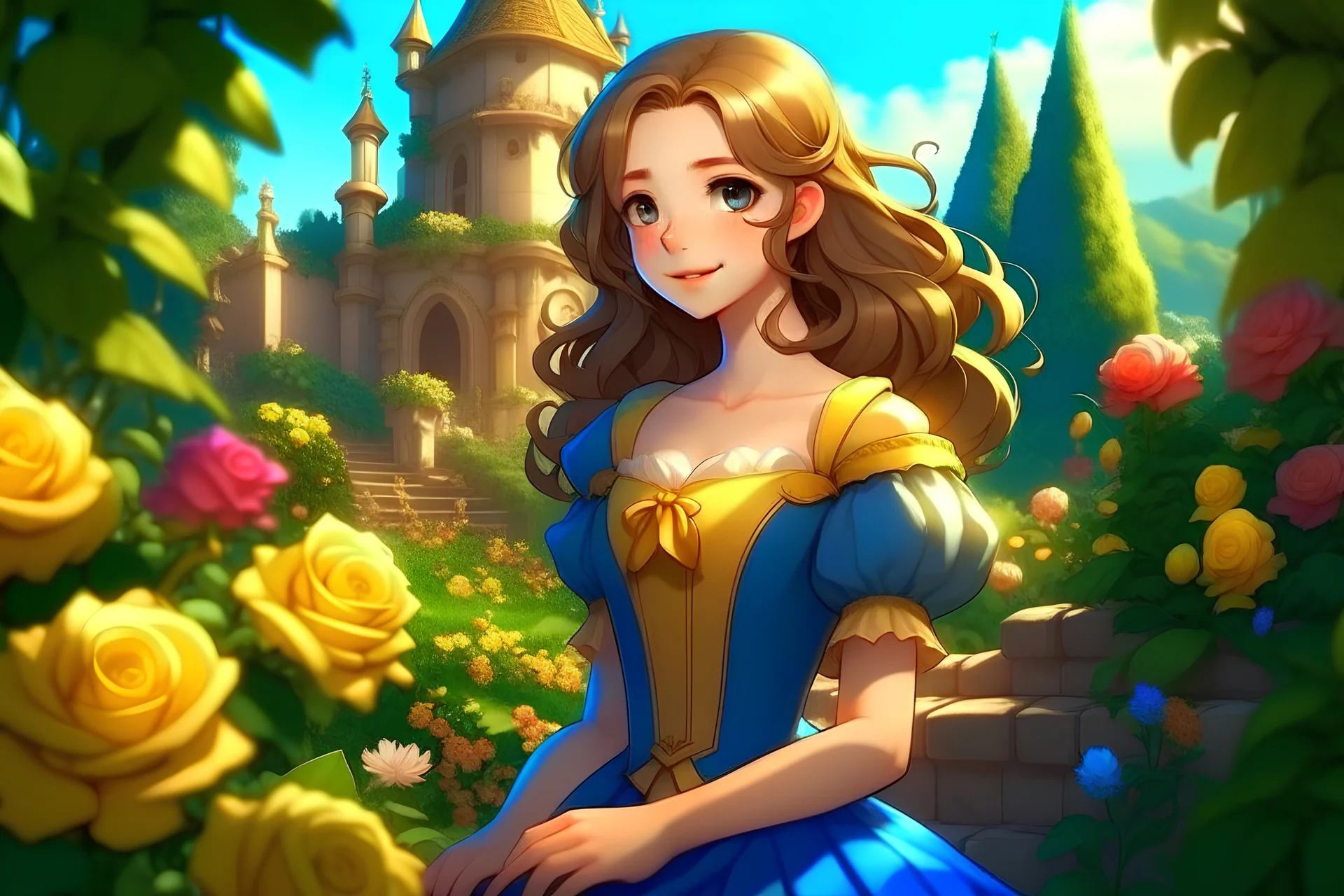 Joven muy hermosa de cabello rubio oscuro, caramelo café y ojos claros, vestido simple azul, amarillo y detalles dorados, hija de la bella y la bestia, en el jardín de un castillo con rosales, versión anime