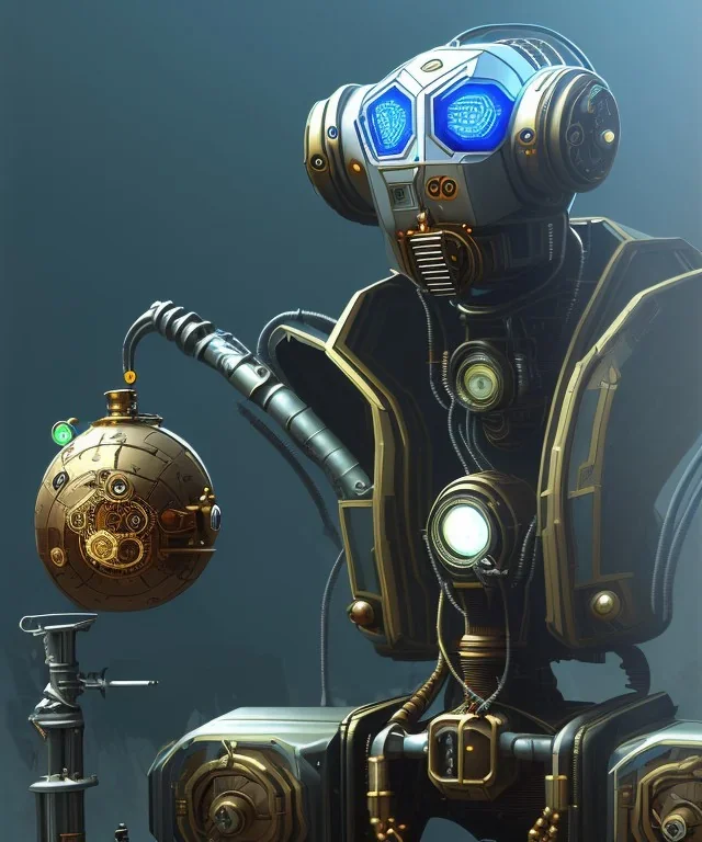 evil mechanoid person with a steampunk, realistic