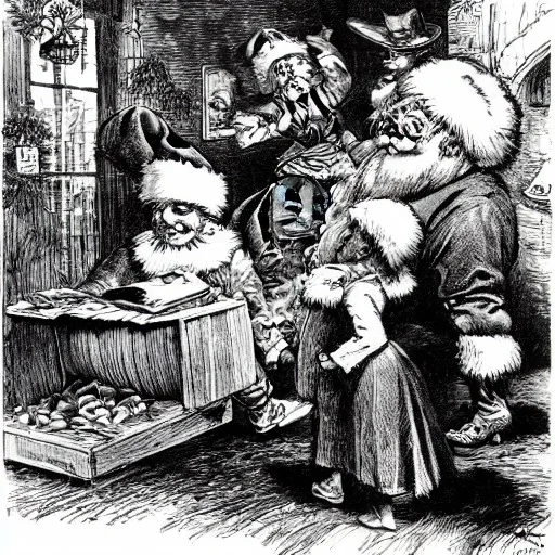 Santa Claus coming down a chimney surprisng the kids in the living room by Thomas Nast detailed