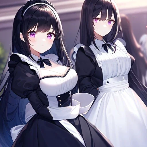 Clear focus,High resolution, black long fluffy hair, long fluffy bangs, purple eyes, wearing a maid outfit but instead of a long dress she is wearing puffy shorts