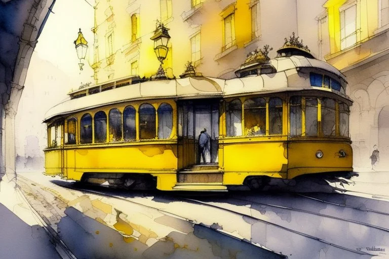 yellow tram in Budapest, style Alvaro Castagnet, Anton Pieck highly detailed elegant very attractive beautiful dynamic lighting watercolor aquarelle Thomas Wells Schaller