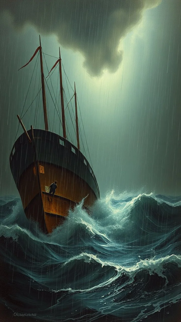 Rain and storm in an ocean with high waves , a big ship is sinking , Bosch painting style, nightmare , all In brown