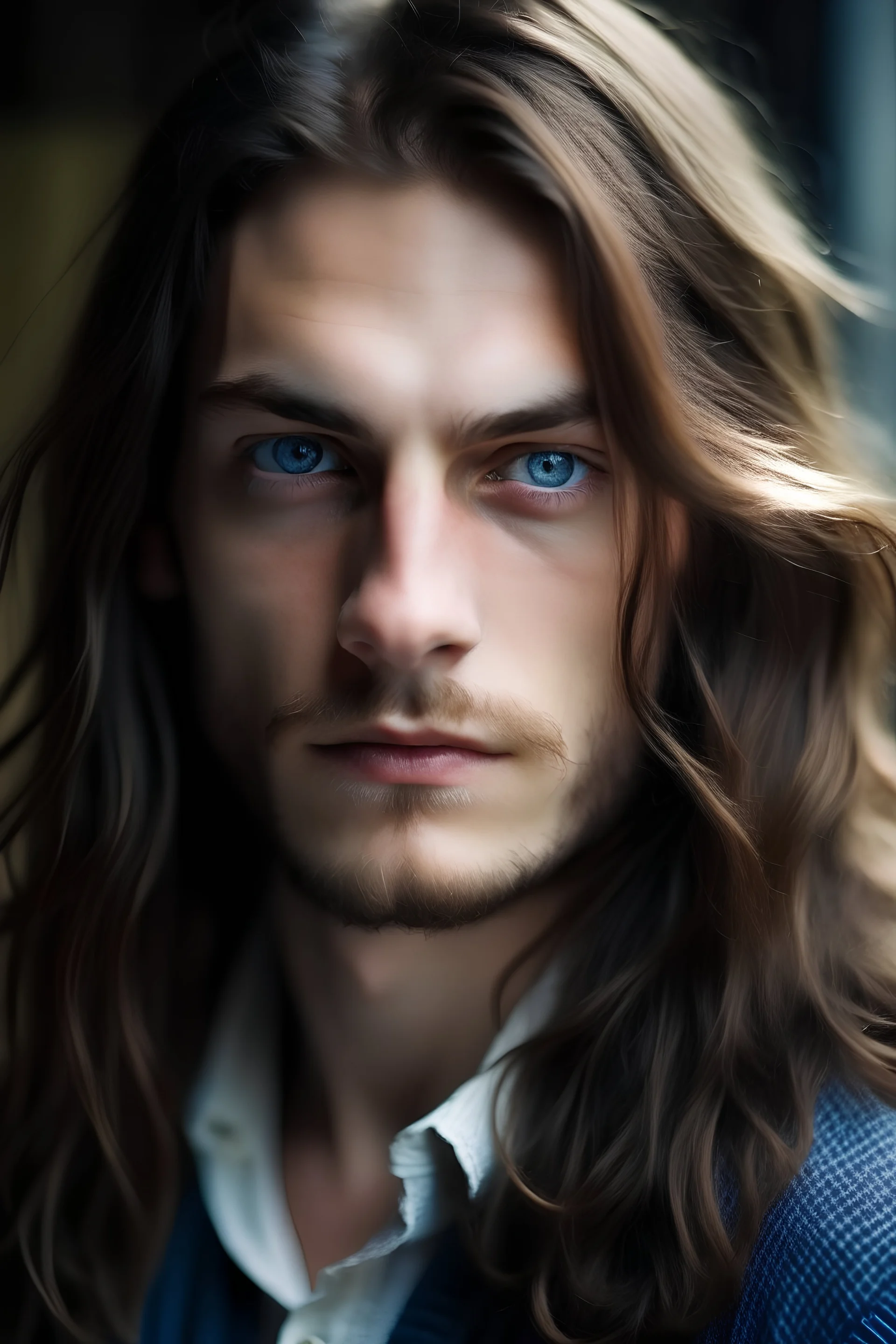 Man, blue eyes, long hair, in early 20s,...