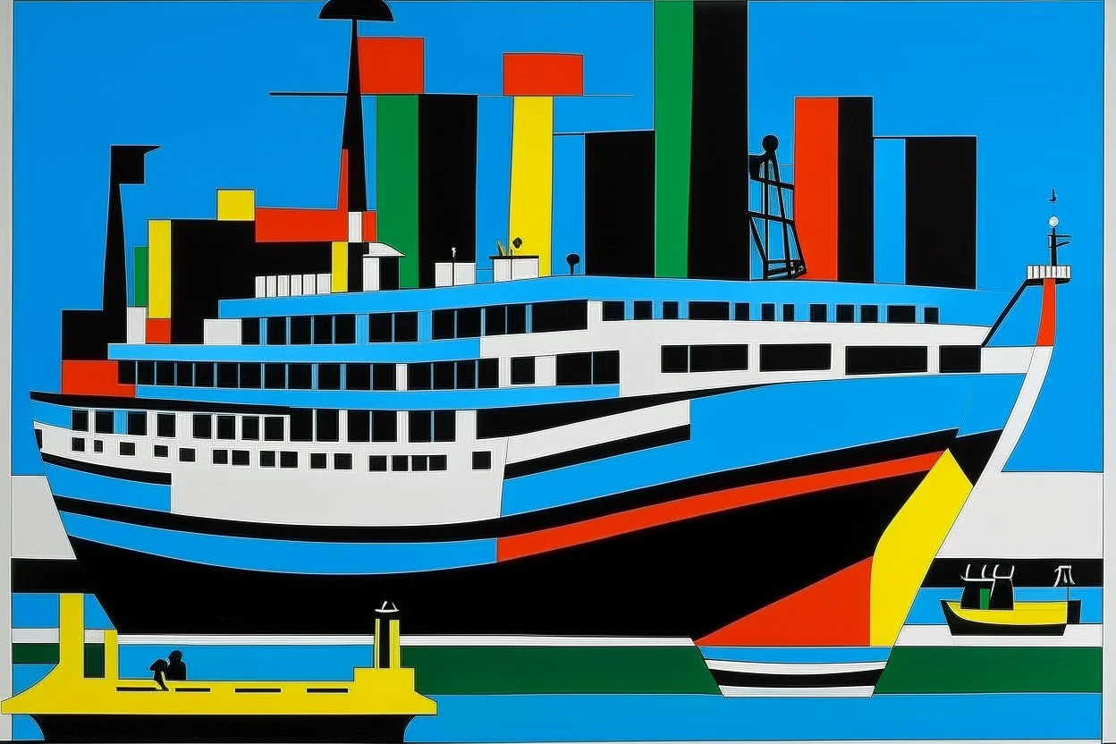 A blue cruise ship on a bay painted by Stuart Davis