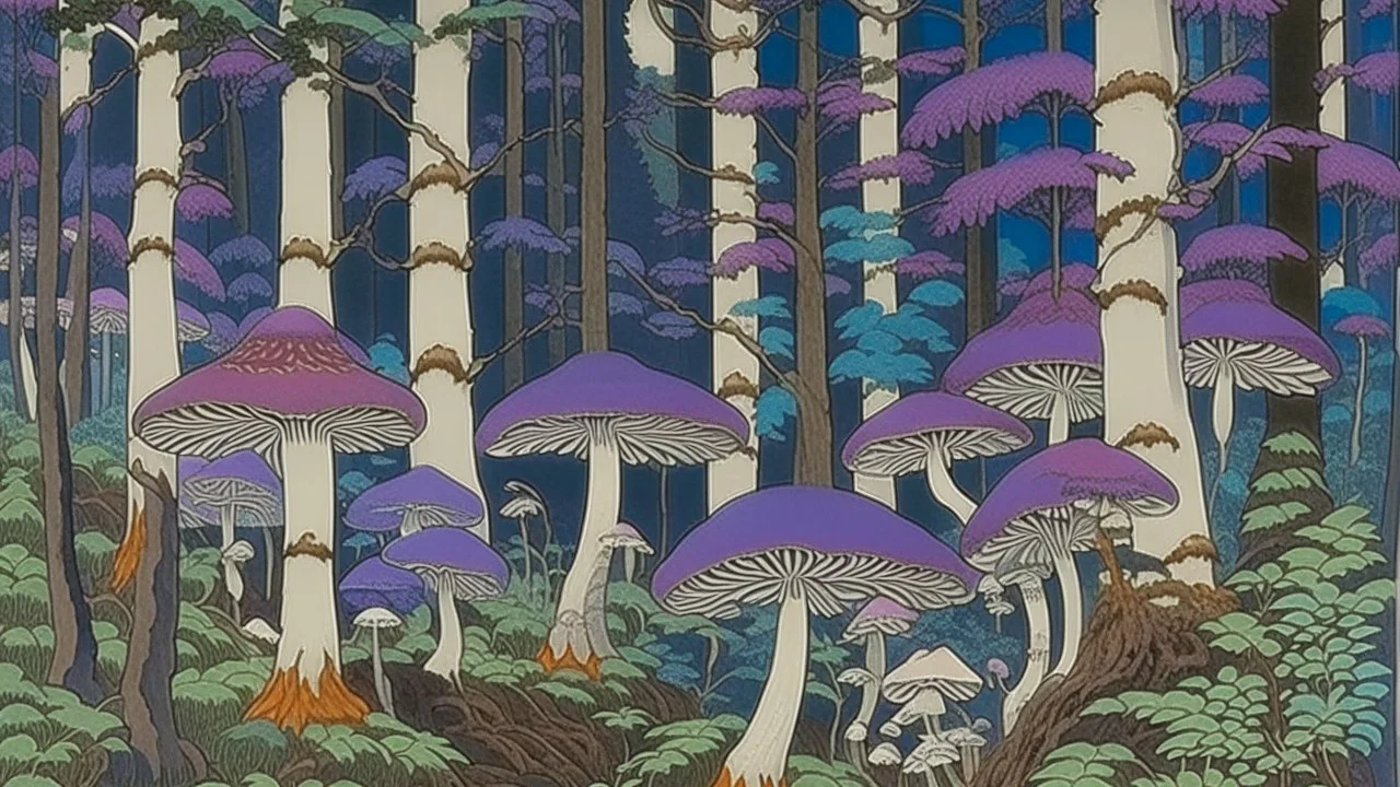 A violet forest with mushrooms painted by Utagawa Hiroshige