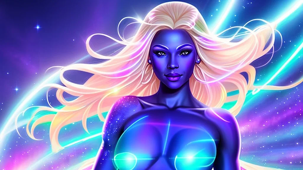 Full body portrait of a peaceful smiling gorgeous blonde Goddess of the galaxies with a blue indigo purple skin, high skul, luminous eyes in a galactic sunset