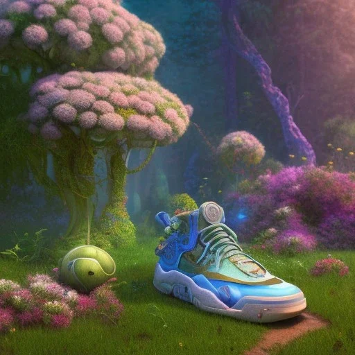 pixar style, volumetric summer garden environment and background, hyper realistic painting of steampunk puffer Nike sneaker, looking excited, volumetric lighting, dramatic lighting, detailed digital painting, anime, ornate, colour-saturated colors, chaotic, small minutiae, tiny features, particulars, centered, smooth, sharp focus, renderman gofur render, 8k, uhd, detailed eyes, realistic shaded volumetric lighting, sunlight caustics, backlight, centered camera view