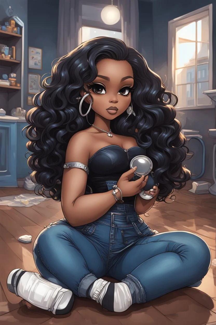 Create a futurism magna art of a black chibi curvy female sitting on the floor looking at herself in a hand mirror. She is wearing tight blue jeans and a black off the shoulder blouse. Prominent make up with lush lashes. Highly detailed long wavy hair. She is also wearing silver large hoop earringsart of a black chibi curvy female sitting on the floor looking at her cell phone. She is wearing tight blue jeans and a black off the shoulder blouse. Prominent make up with lush lashes.