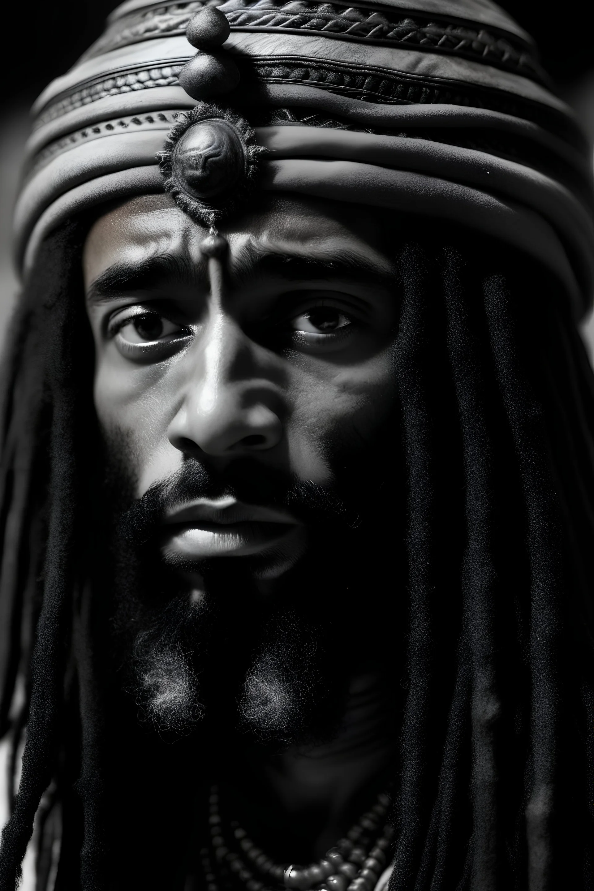 show me a black and white image of a black jesus with dreads and a beard on the cross