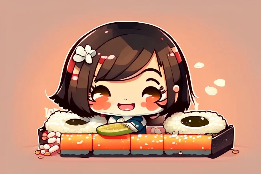 contented cute chibi girl making sushi