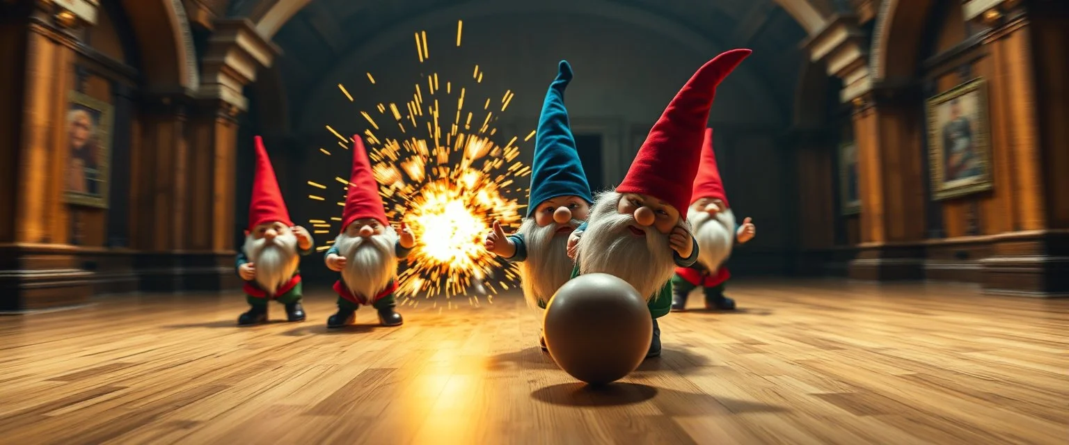 gnomes bowling in hall, motion blur, strike, crushing explosion