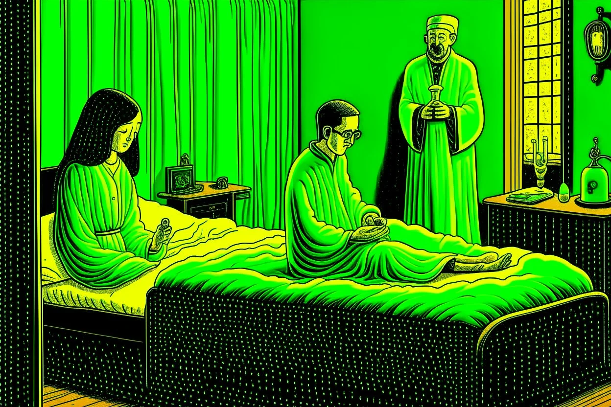 a knitted girl sitting on a bed and vomiting green lines, an exorcist priest standing next to her bed in a room in candlelight at night