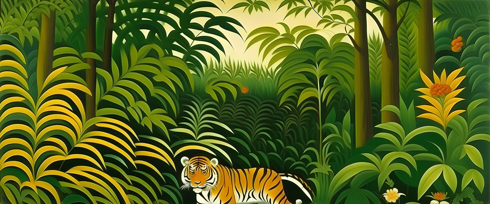 A tiger in a jungle painted by Henri Rousseau