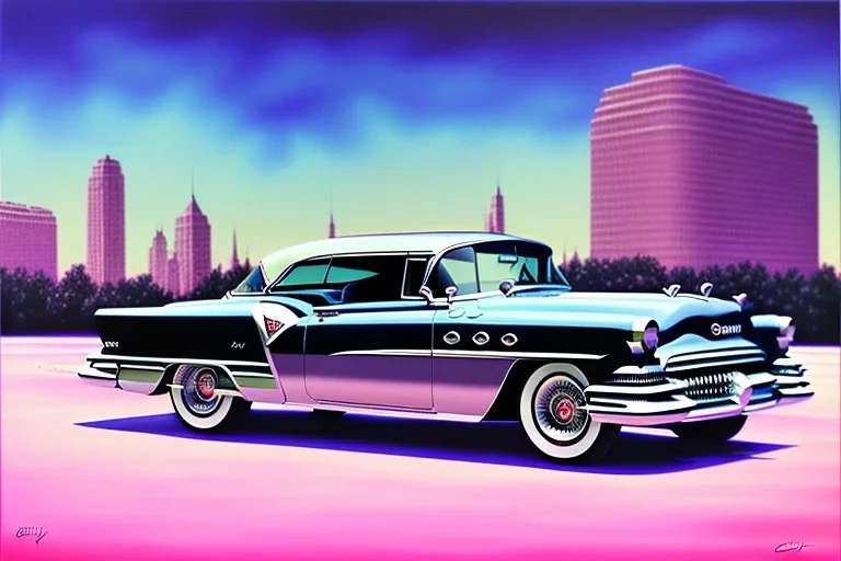 a true-to-life 1953 buick super riviera coupe, centered, intricate, extreme detailed, photorealism, center view, city background, pivot on buick, pen and color marker painting by cheryl kelley