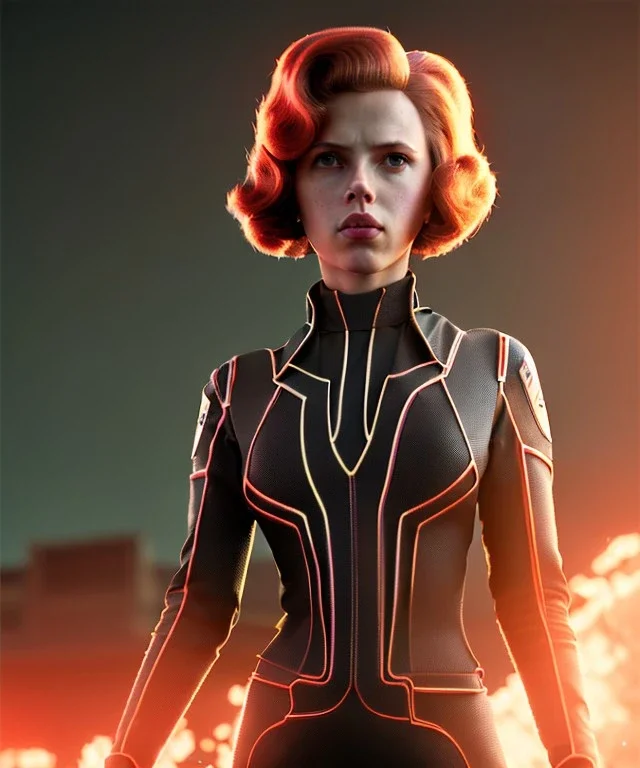 retro sci-fi portrait image from 1960, supermarket parking explosion, fire, classic black widow, young Scarlett Johansson, tight lycra suit, soft color, highly detailed, unreal engine 5, ray tracing, RTX, lumen lighting, ultra detail, volumetric lighting, 3d, finely drawn, high definition, high resolution.