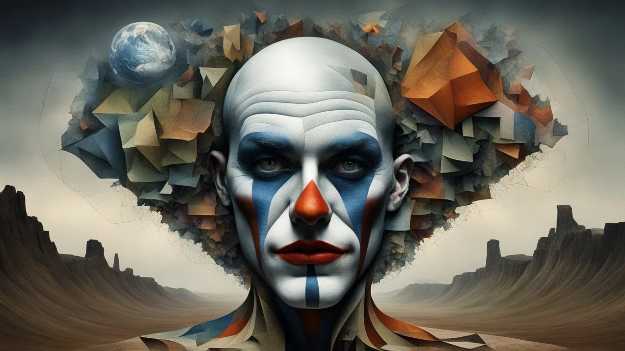 time-lapse photography, character from joker, Painting in the style of Igor Morski and Paul Klee blending elements of expressionism, cubism, futurism, surrealism, and abstractionism, a body entwined with surreal landscape, displaying human anatomy merging with fractal components of nature, earth tones dominate the canvas with selective color bursts, incorporating visual metaphors, Brazilian naturism fashion aesthetic, ultra realistic, digital painting, high intr