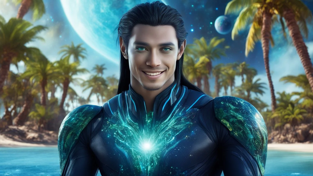 beautiful gorgeous young man na'vi with long hair, Avatar, blue skin, two small ears, green eyes, black hair, in cosmic suit, galactic ambiance, little pointy goatee , smiling, with spaceship and planets and palm trees and clear crystaline cosmic beach in background