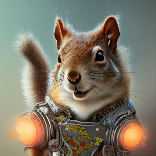  highly detailed and realistic squirrel member wearing a vest and a bandana riding a chopper, high detail, realism, vibrant colours, graffiti accents, complementary colours, splash art, perfect composition, beautiful detailed intricate insanely detailed octane render trending on artstation, 8 k artistic photography, photorealistic concept art, soft natural volumetric cinematic perfect light, chiaroscuro, award - winning photograph, masterpiece, oil on canvas, raphael, caravaggio, greg rutko