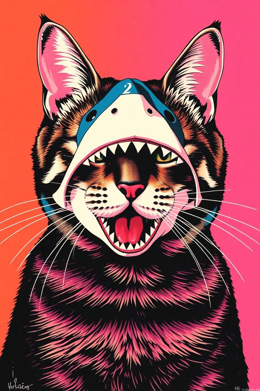 cat with shark mask in the style of warhol
