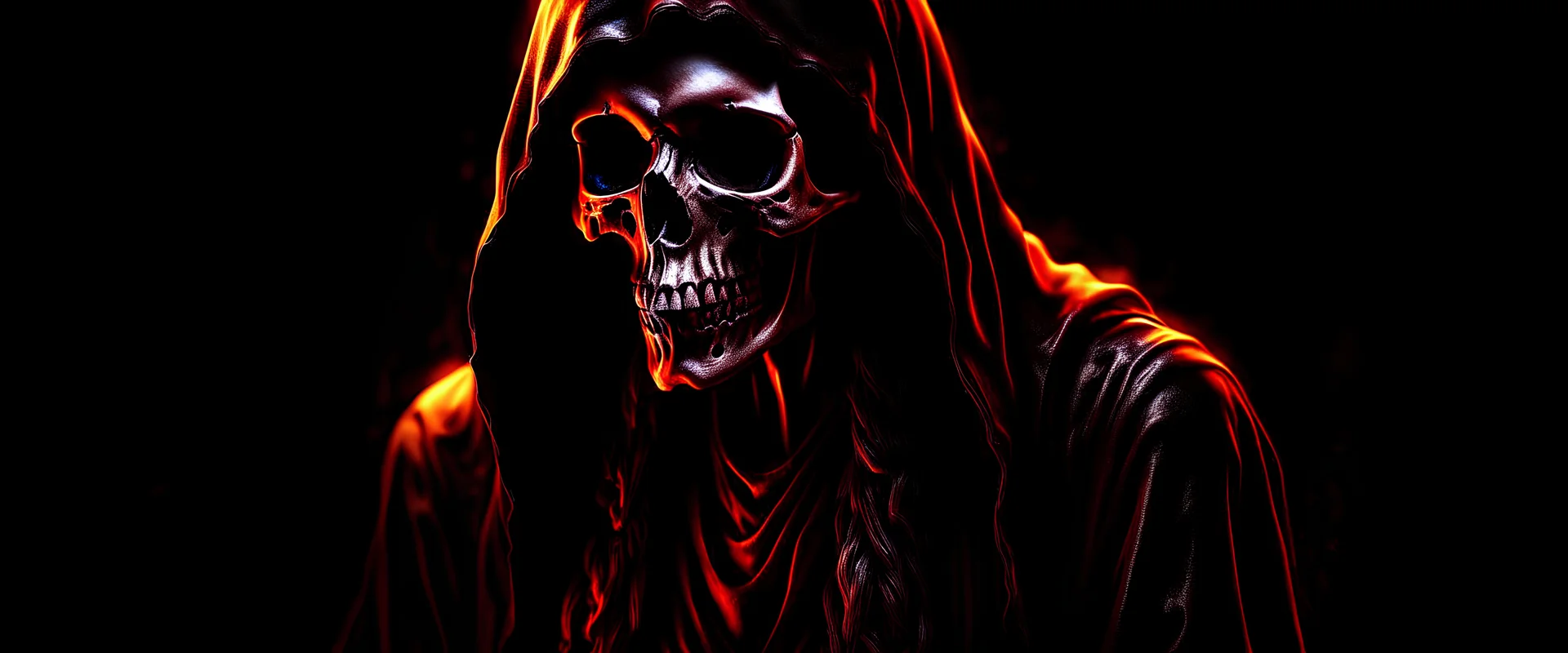 ultra high image quality, hell-tech infused Grim Reaper Close-up of an set against AMOLED-worthy pure black backdrop, fantasy art style infused with filter, tailored for vertical wallpaper, exclusive design with no duplicates, radiating beauty suitable for a PC screen image, vivid colors, ultra fine, digital painting.