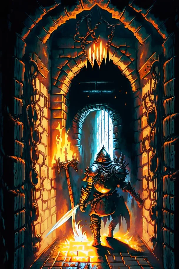 A frightening castle dungeon hallway with an evil knight warrior in rusty chainmail holding a burning torch painterly rpg art