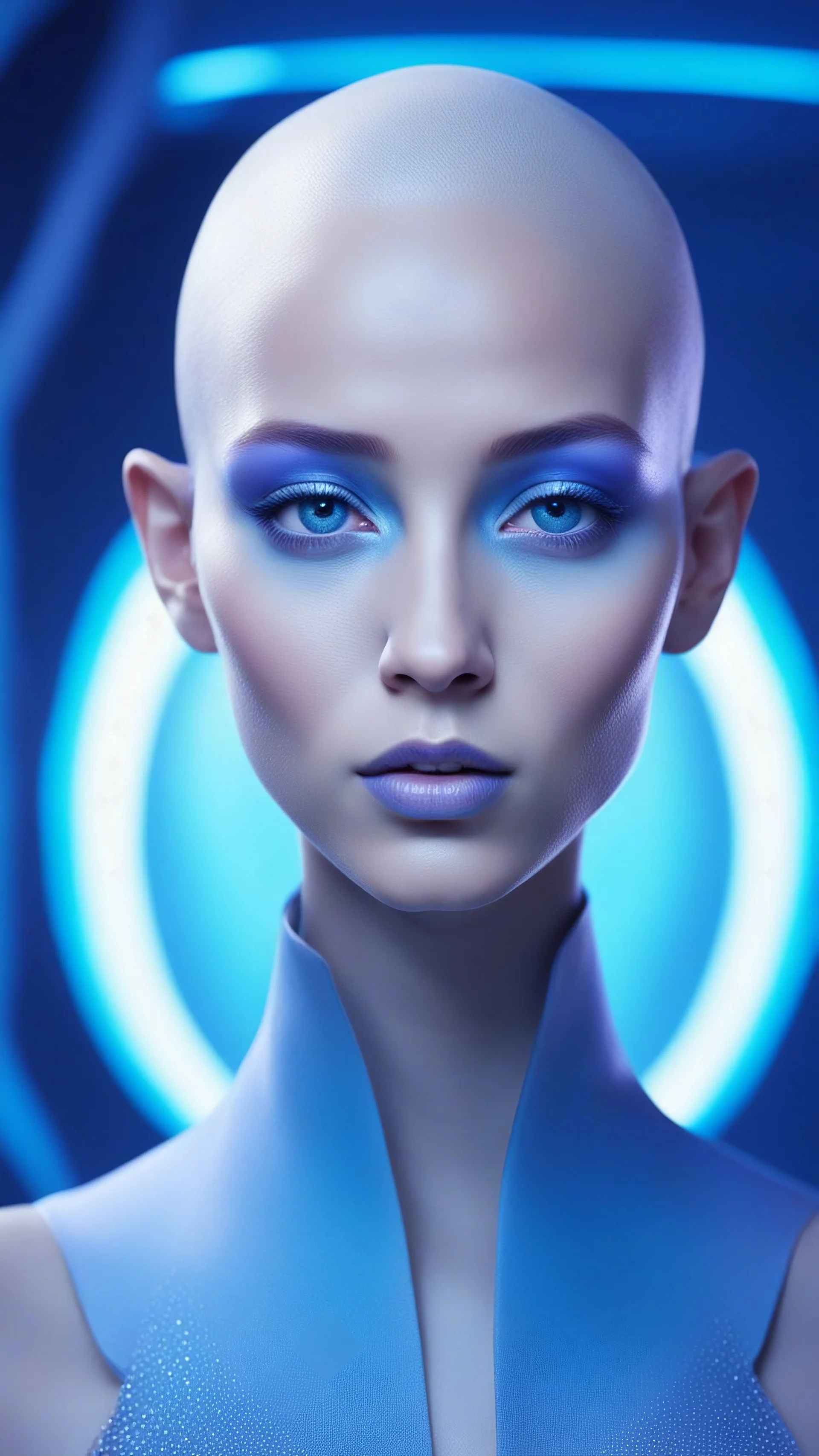 Long shot of an ethereal humanoid and androgynous extraterrestrial being, hairless, with bluish, smooth and flawless skin, with large, expressive blue eyes. The character has a reassuring and enigmatic expression, featuring minimalist geometric shapes in the background. The environment is ethereal, with soft blue and bright violet tones dominating the scene, creating a dreamlike quality. The lighting is soft, with sparkling particles scattered throughout, adding a sense of depth and mystery, emp