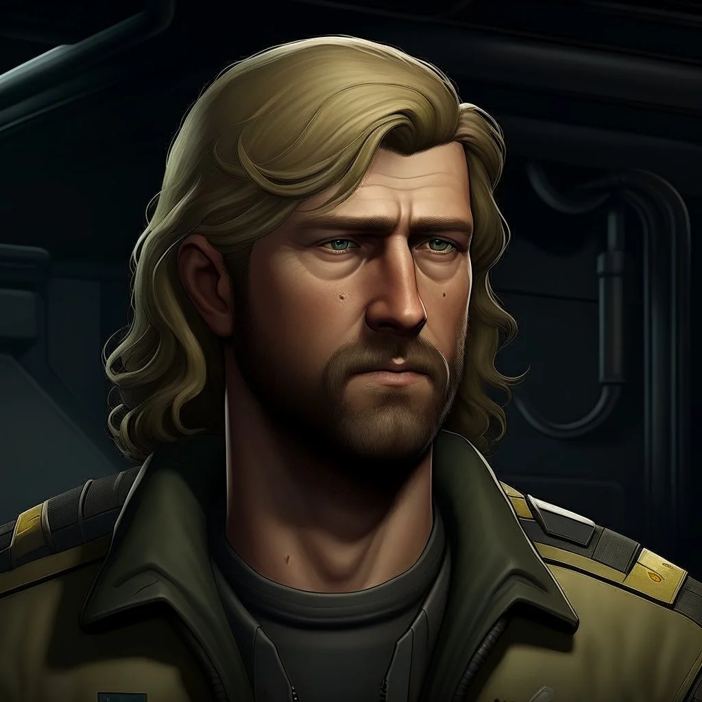 The submarine mechanic Blicke Blocknyckel, a blonde man with a mullet and muttonchops beard realistic grimdark