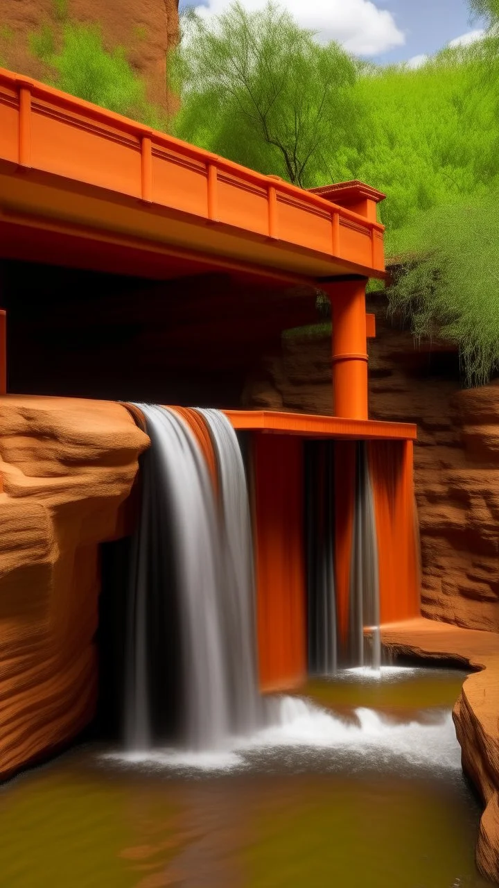 An orange colored waterfall with a watering hole painted by Frank Lloyd Wright