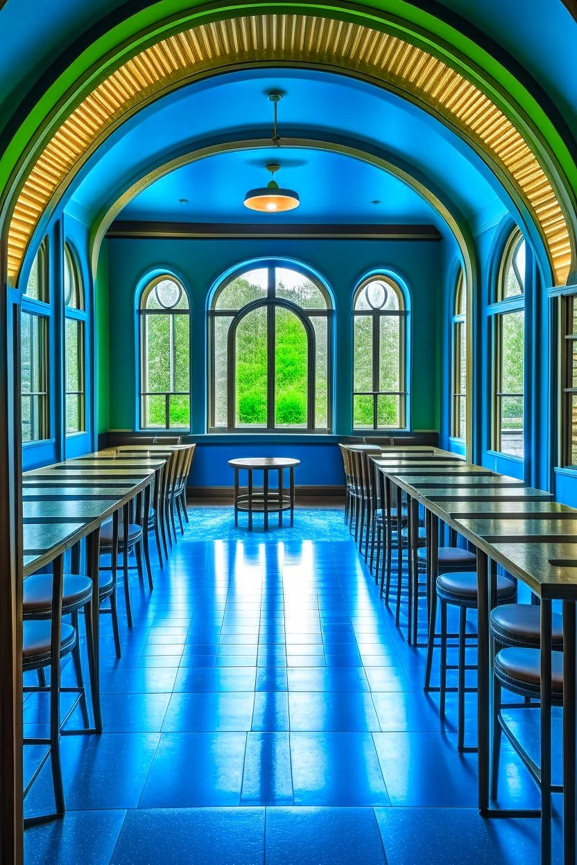 A restaurant whose outer walls are oval in shape, the color of the inside is blue, and its floor is light, with a bar table in the middle of the restaurant in the shape of an oval containing 30 chairs, and there is a door at the end of the restaurant